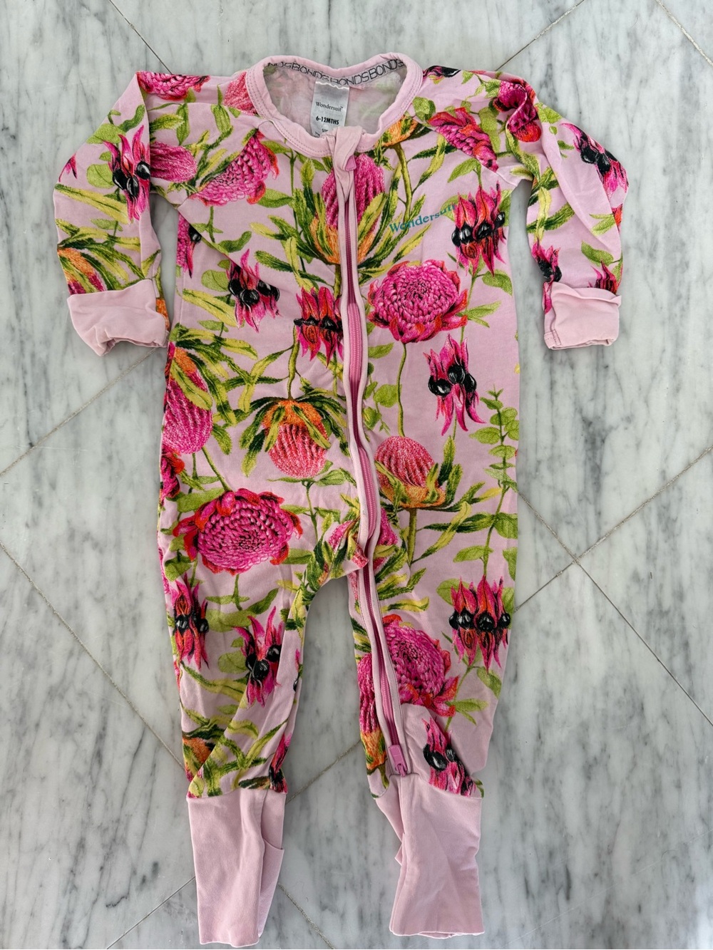 Bonds Wondersuit - pink with native flowers - 6-12mo